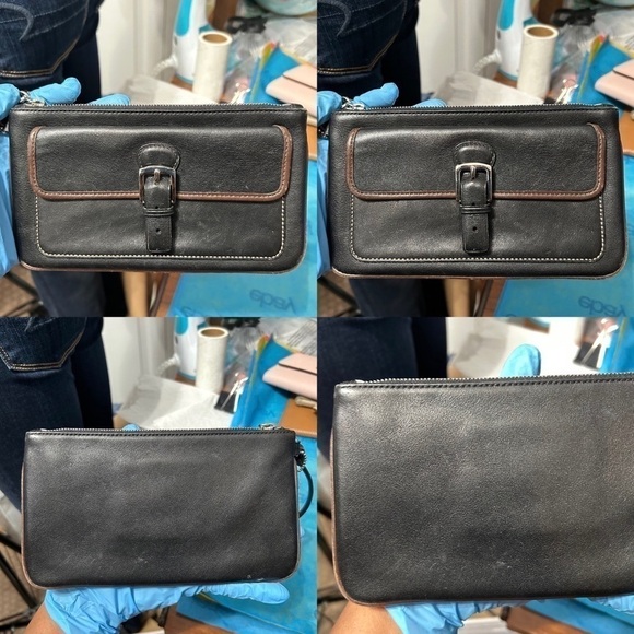 Vintage Coach Black Leather Brown Trim Snap Closure Wristlet - “Shelly” - Picture 3 of 14